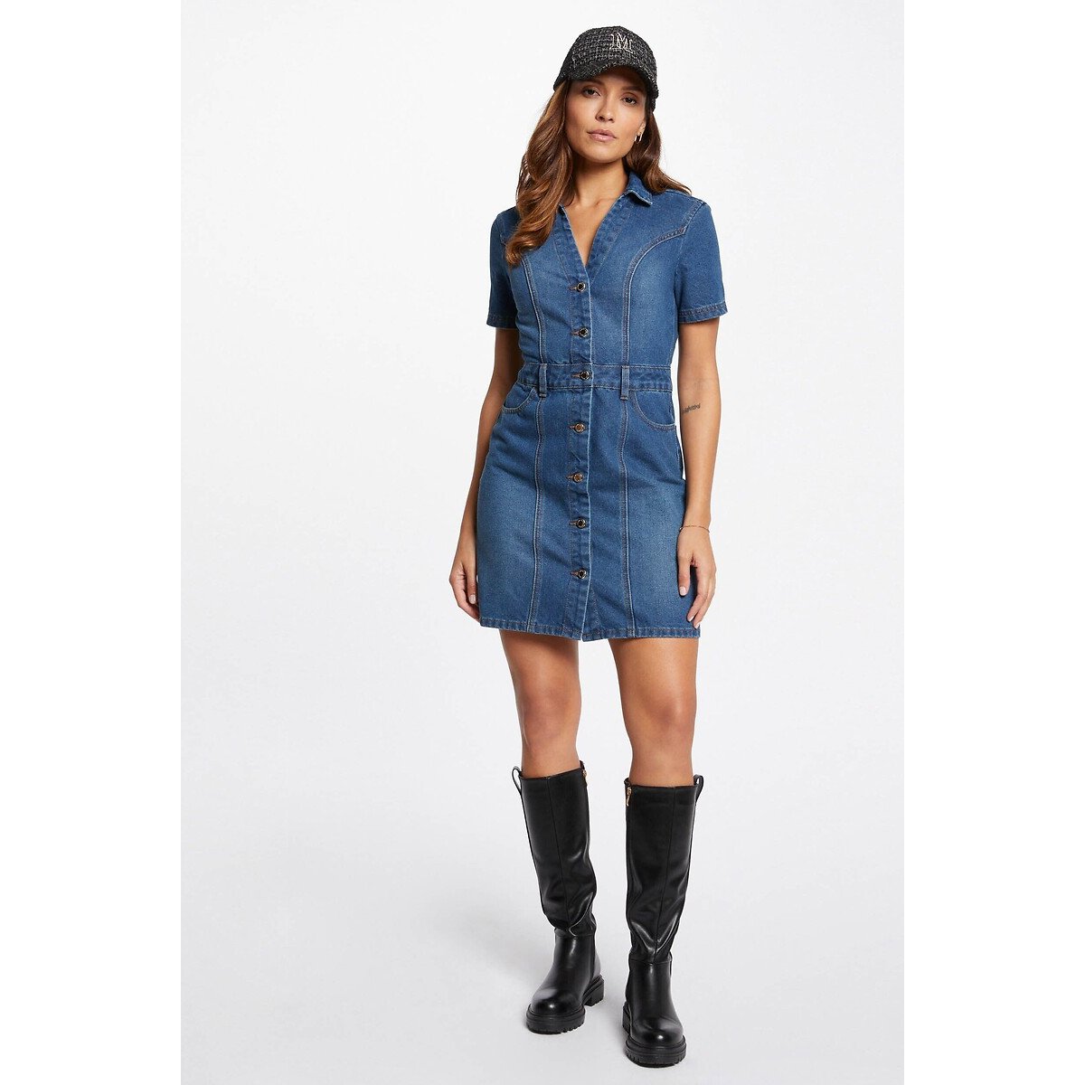 Robe courte en jean col V bleu stone, MORGAN