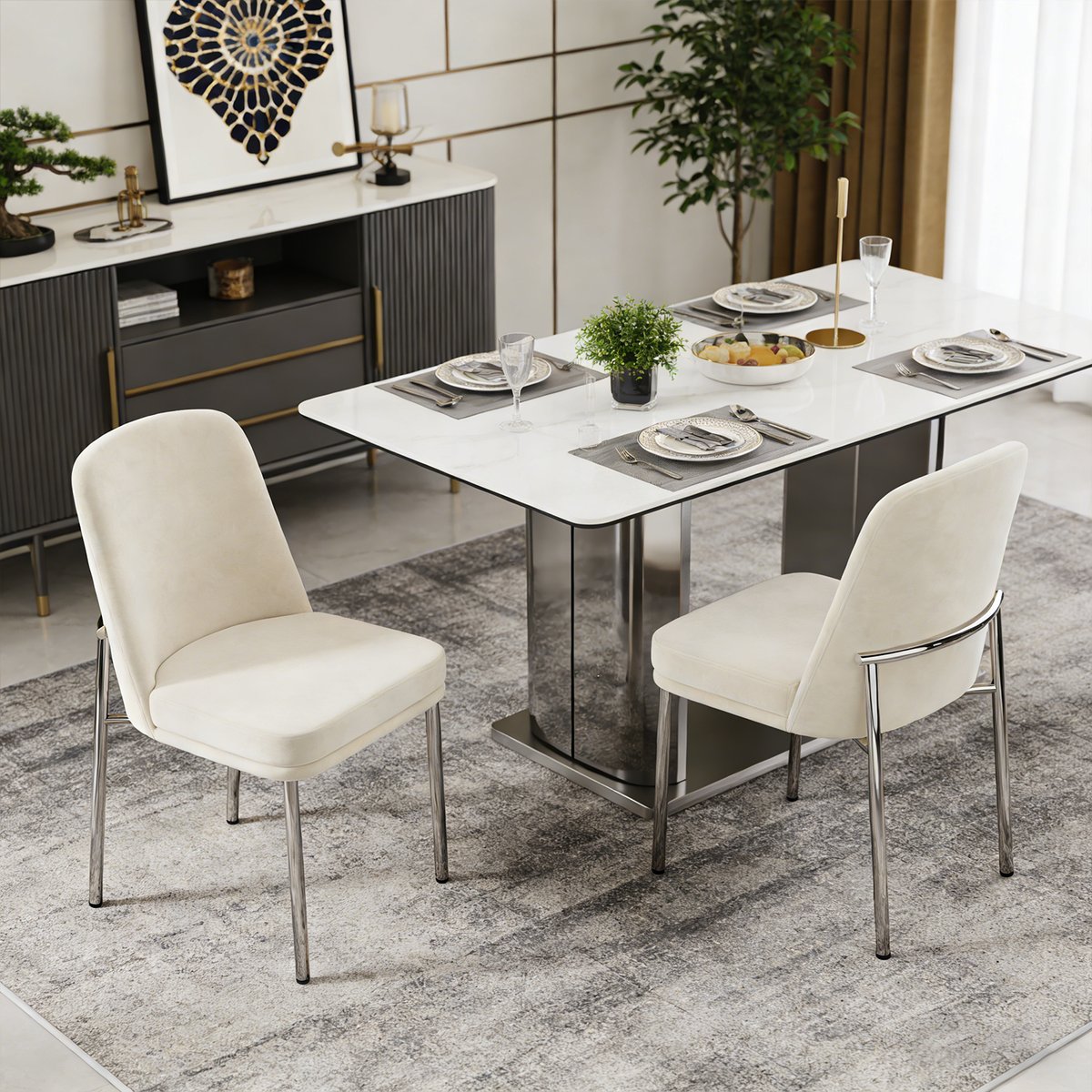 Lot de 2 chaises de salle à manger en velours avec pieds métal, DUORAUC beige, MEUBLES COSY