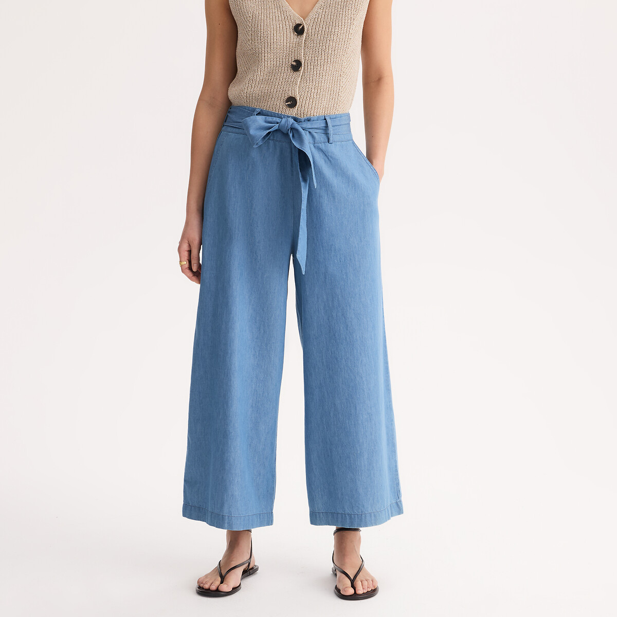 Jean large 7/8ème en denim light, ceinturé denim double stone, ANNE WEYBURN