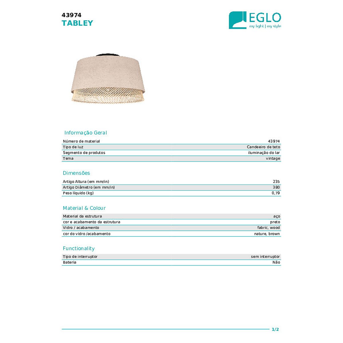 Candeeiro teto Tabley, EGLO areia, EGLO
