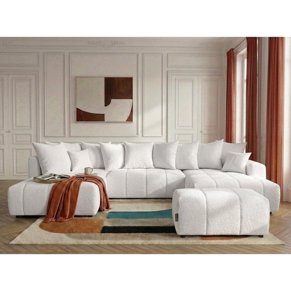 Canapé panoramique convertible 6 places en tissu bouclette avec pouf, ROXELANE blanc, BOBOCHIC
