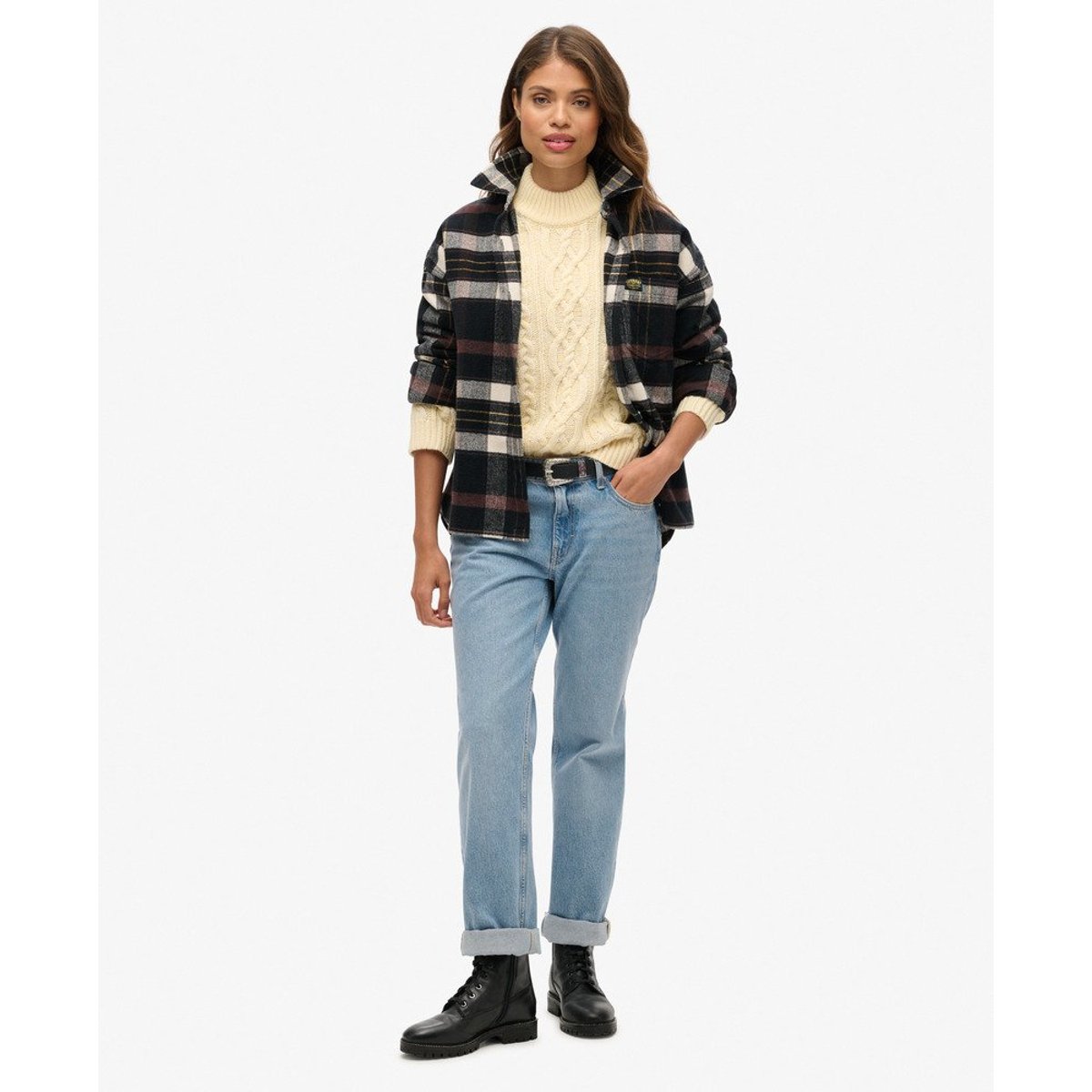 Pull torsadé à col cheminée écru insulaire, SUPERDRY