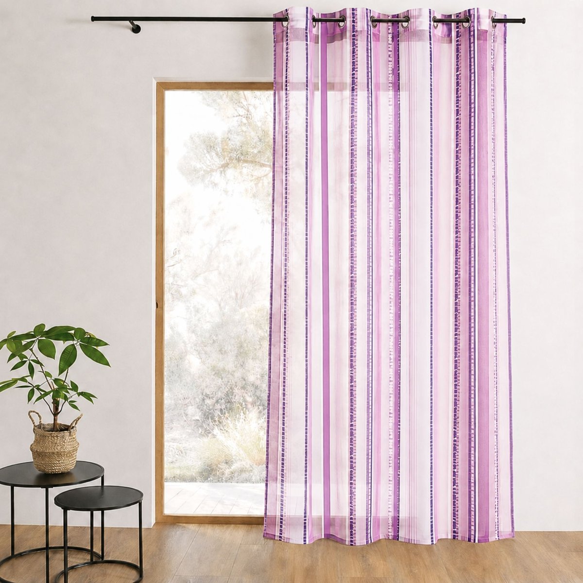 Voilage en organza jacquard à rayures verticales prune, HOME MAISON