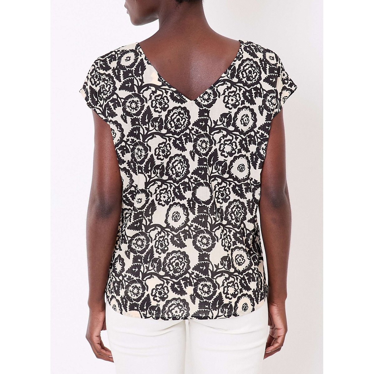 Top imprimé voile de coton bio col V CACIA noir lalgola, LA FIANCÉE