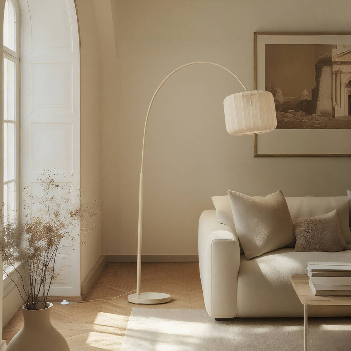 Lampadaire en textile moderne, Helin beige, LINDBY