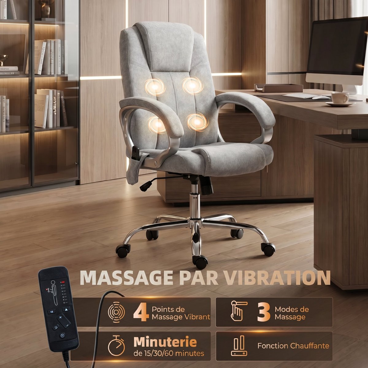 Fauteuil de bureau avec fonction massage gris, HOMCOM