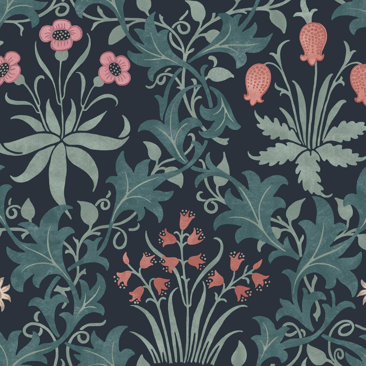 Papier peint fleuri Celandine Midnight bleu, vert, corail, WILLIAM MORRIS AT HOME