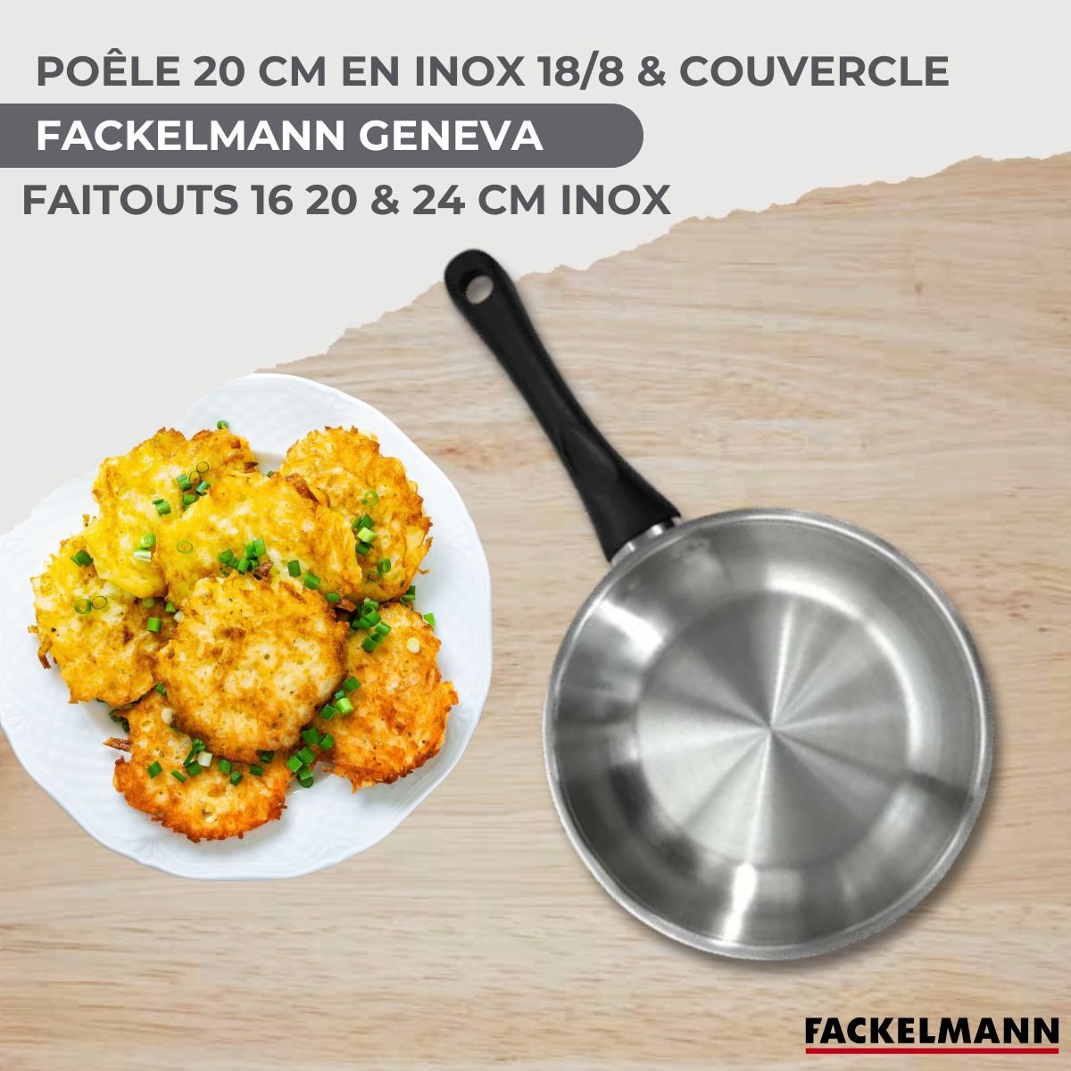 Batterie 1 poêle 20cm + 3 faitouts 16/20/24cm BRILLANT inox|noir, FACKELMANN