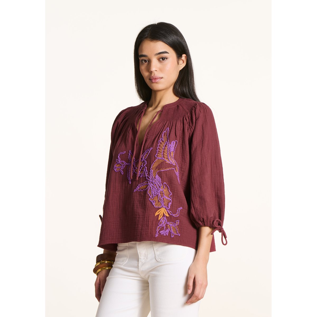 Top en gaze de coton brodée mahogany, LA FEE MARABOUTEE