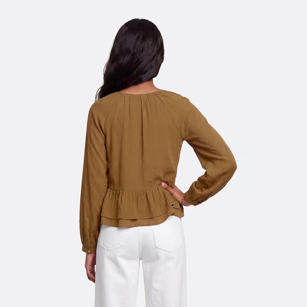Ruffled Long Sleeve Crew Neck Blouse camel brown, LA REDOUTE COLLECTIONS