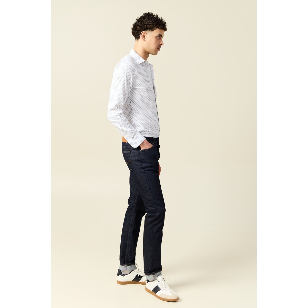 Chemise cintrée en coton manches longues blanc casse, BONOBO