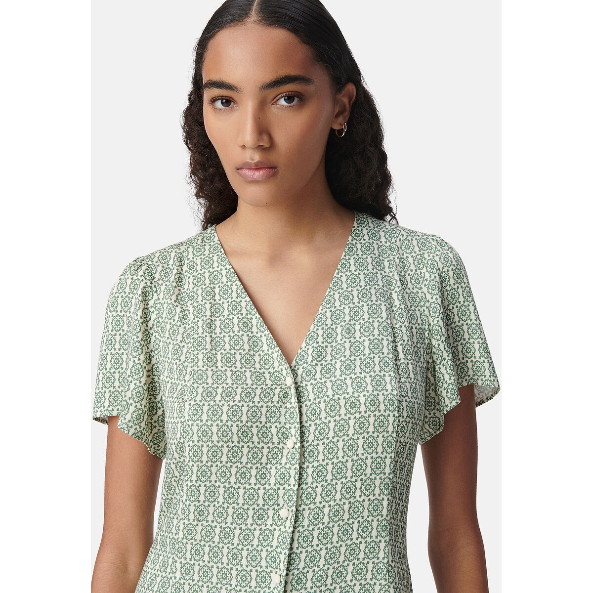 Robe courte fluide col V, imprimée manches courtes imprimé vert, IKKS