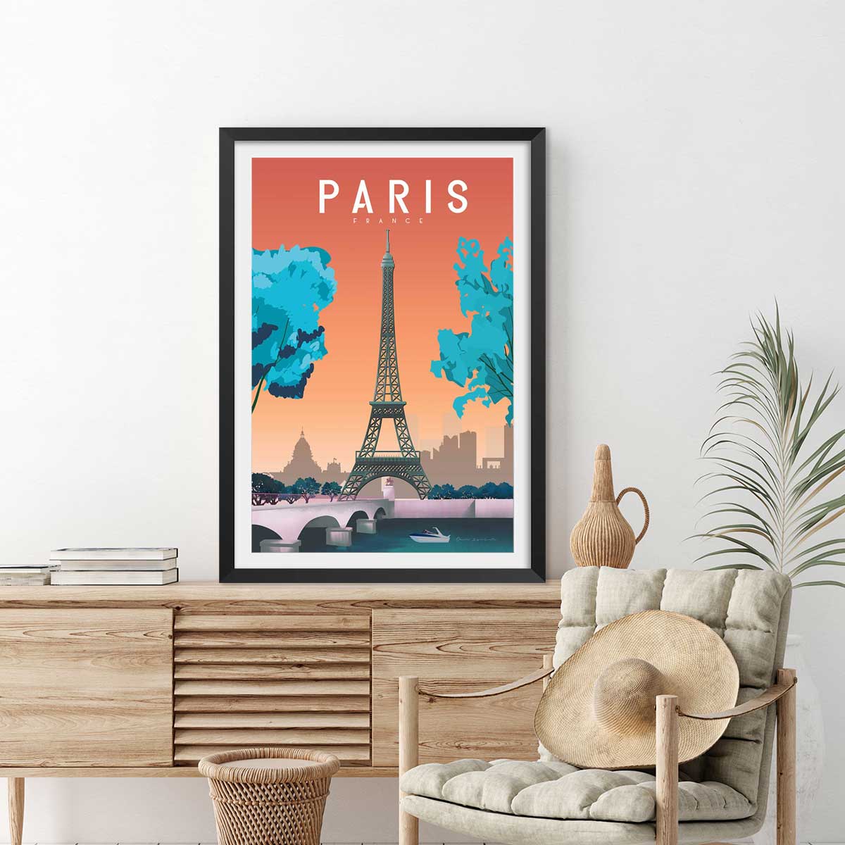 Affiche ville retro Paris France affiche + cadre en bois - noir, HEXOA