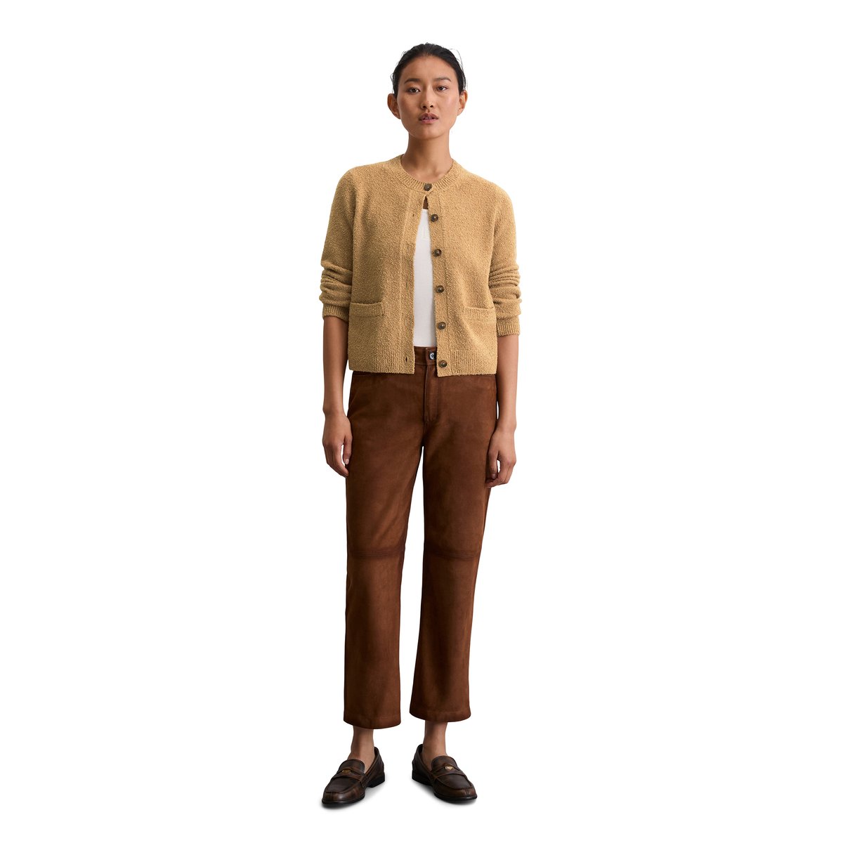 Cardigan regular en fil bouclé beige, MARC O'POLO