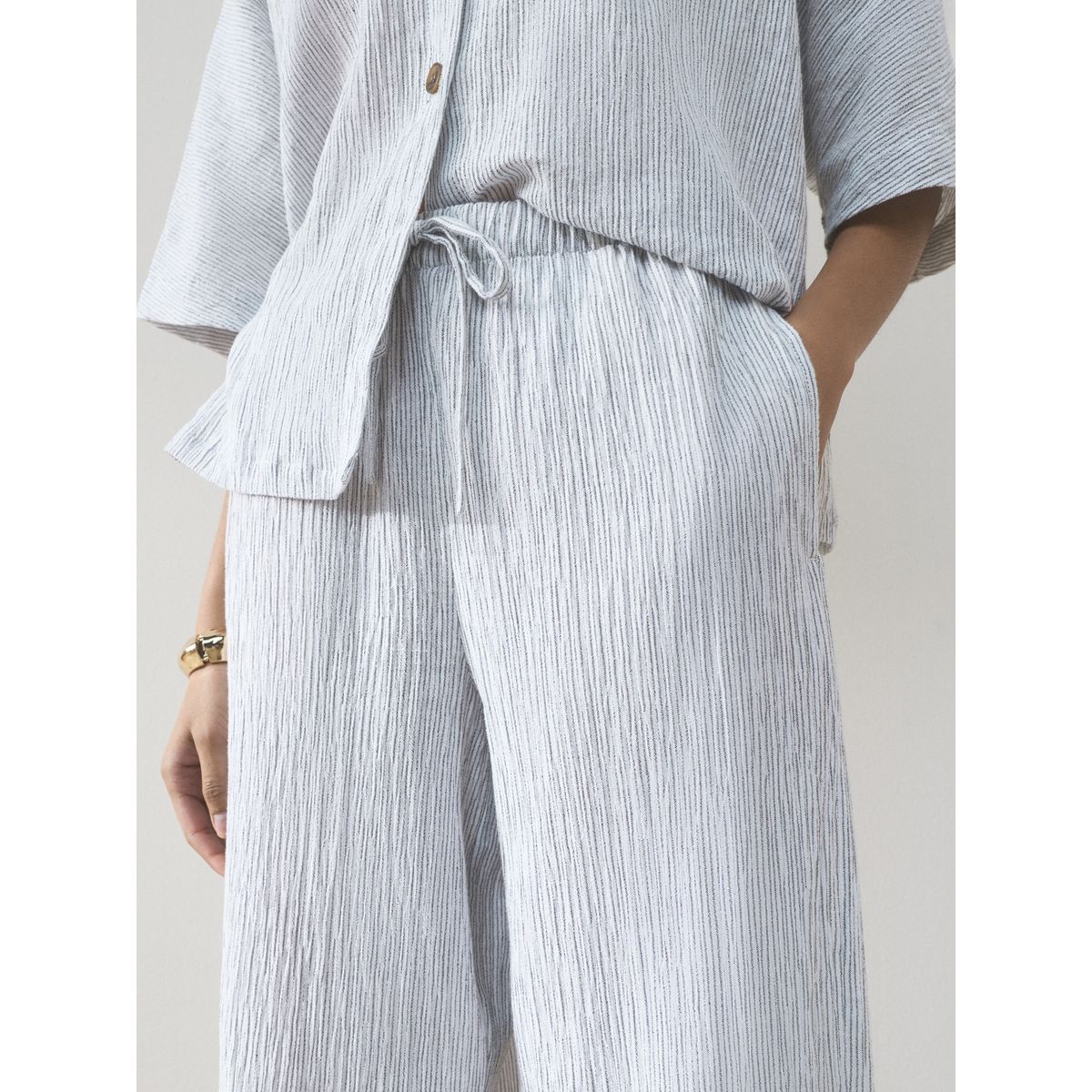 Pantalon large texturé en lin, lot de 2 rayures bleu ardoise/blanches, NEXT