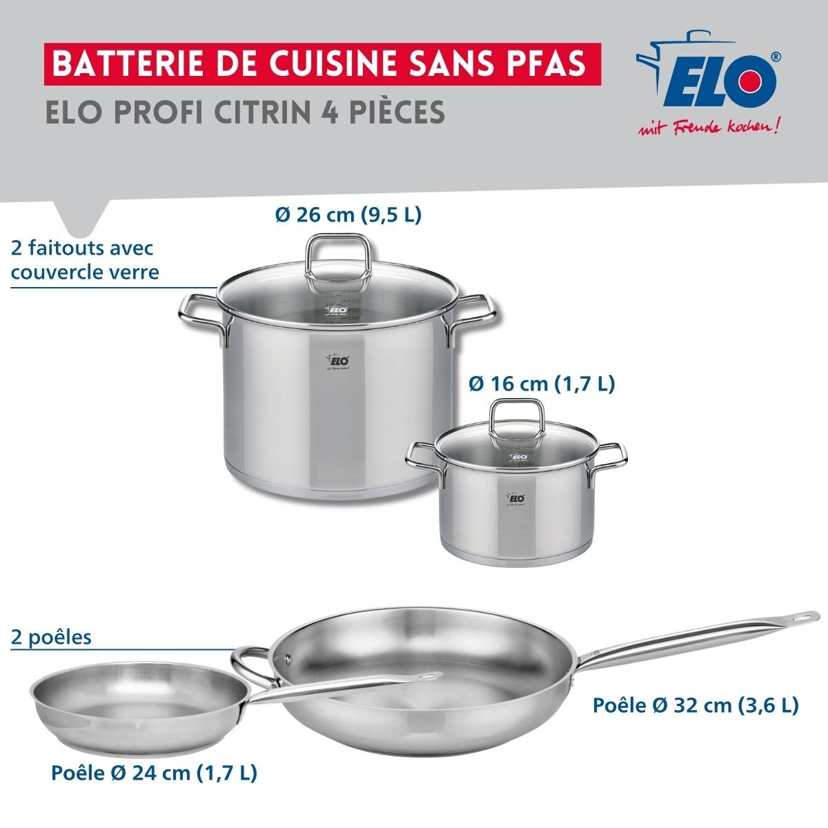 Batterie 2 poêles 24/32cm + 2 faitouts 16/26cm PROFI CITRIN gris, ELO