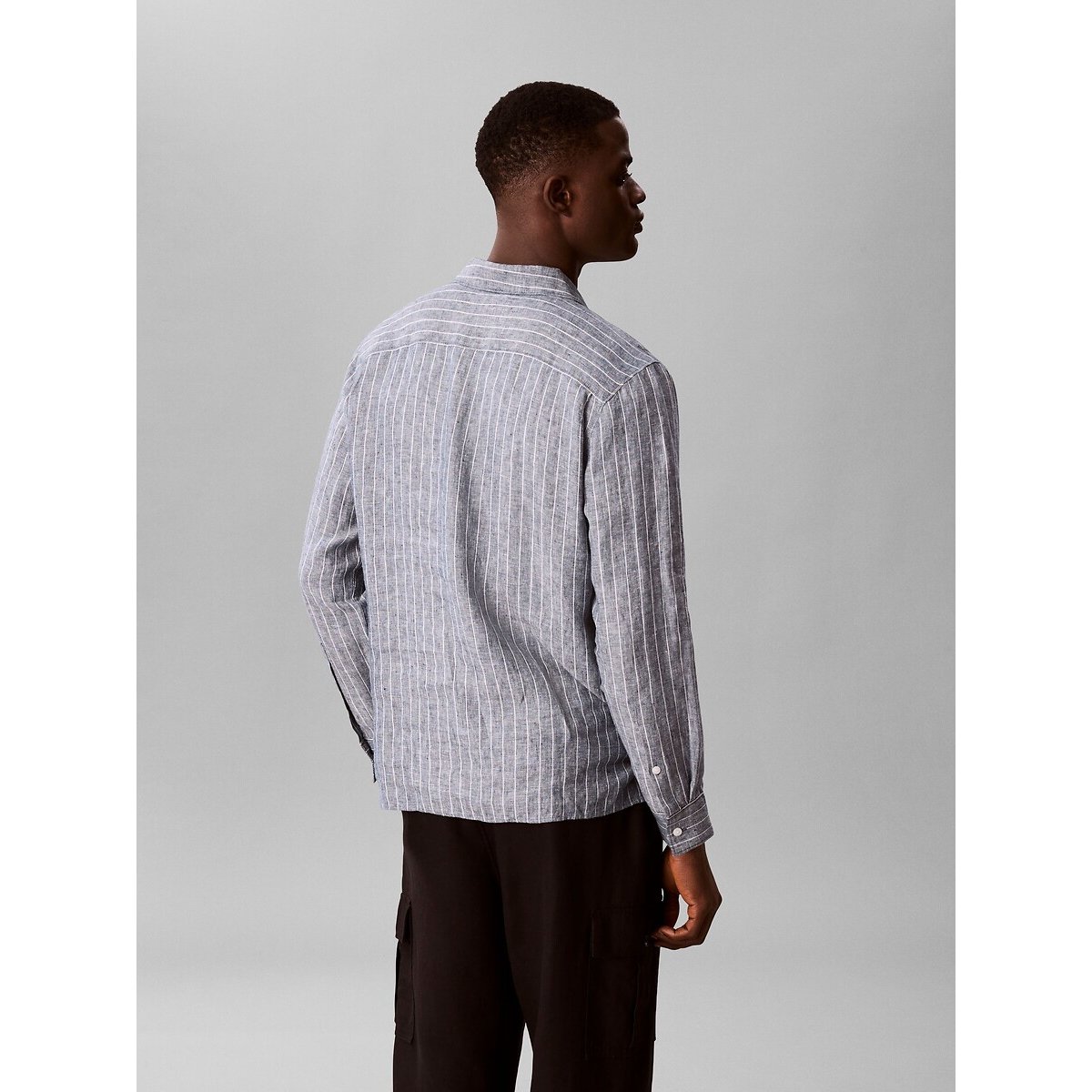 Chemise rayée en lin gris marine, CALVIN KLEIN