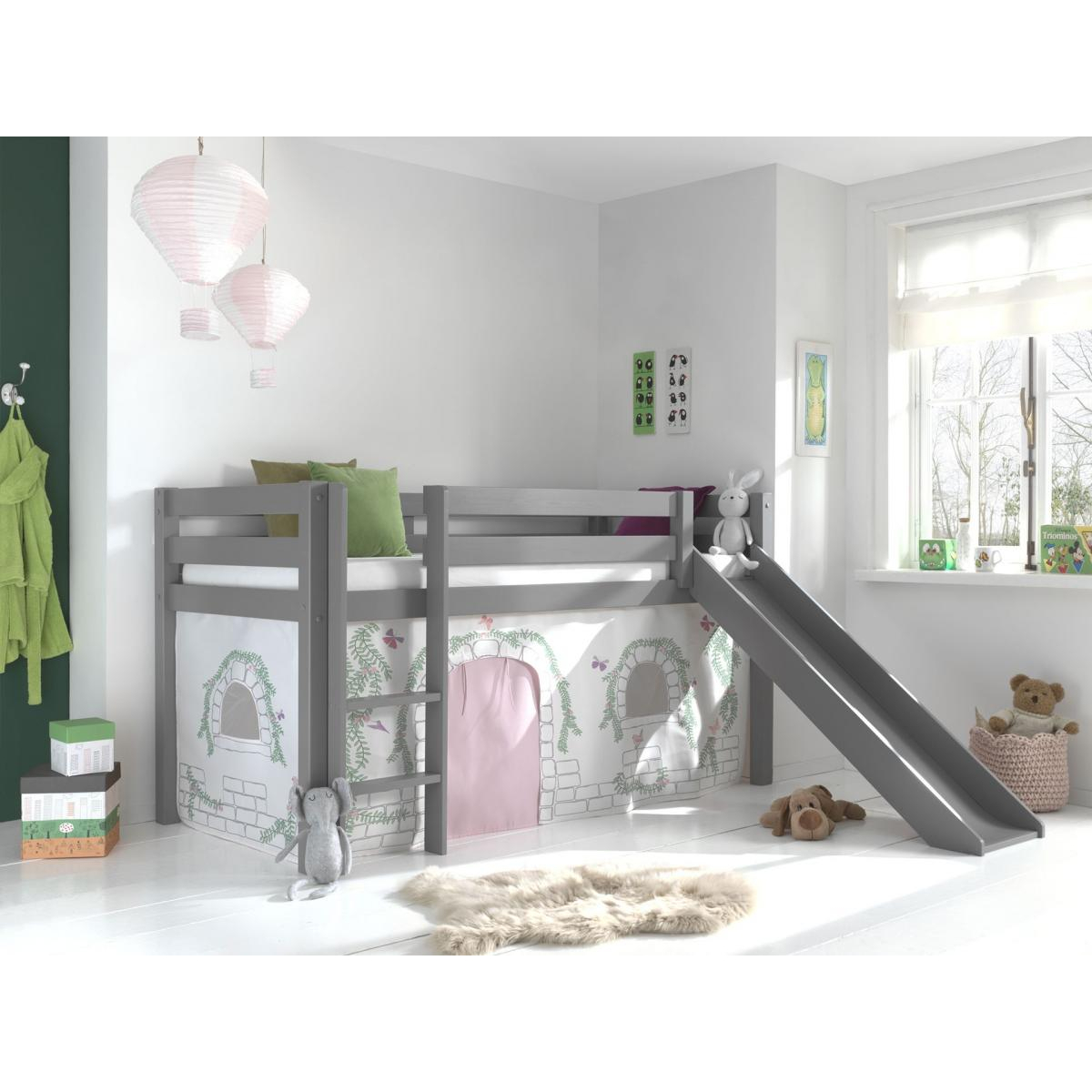 Lit Enfant Surélevé Avec Toboggan Pino 90x200cm Gris + Rideau de lit Birdy couleur unique, VIPACK