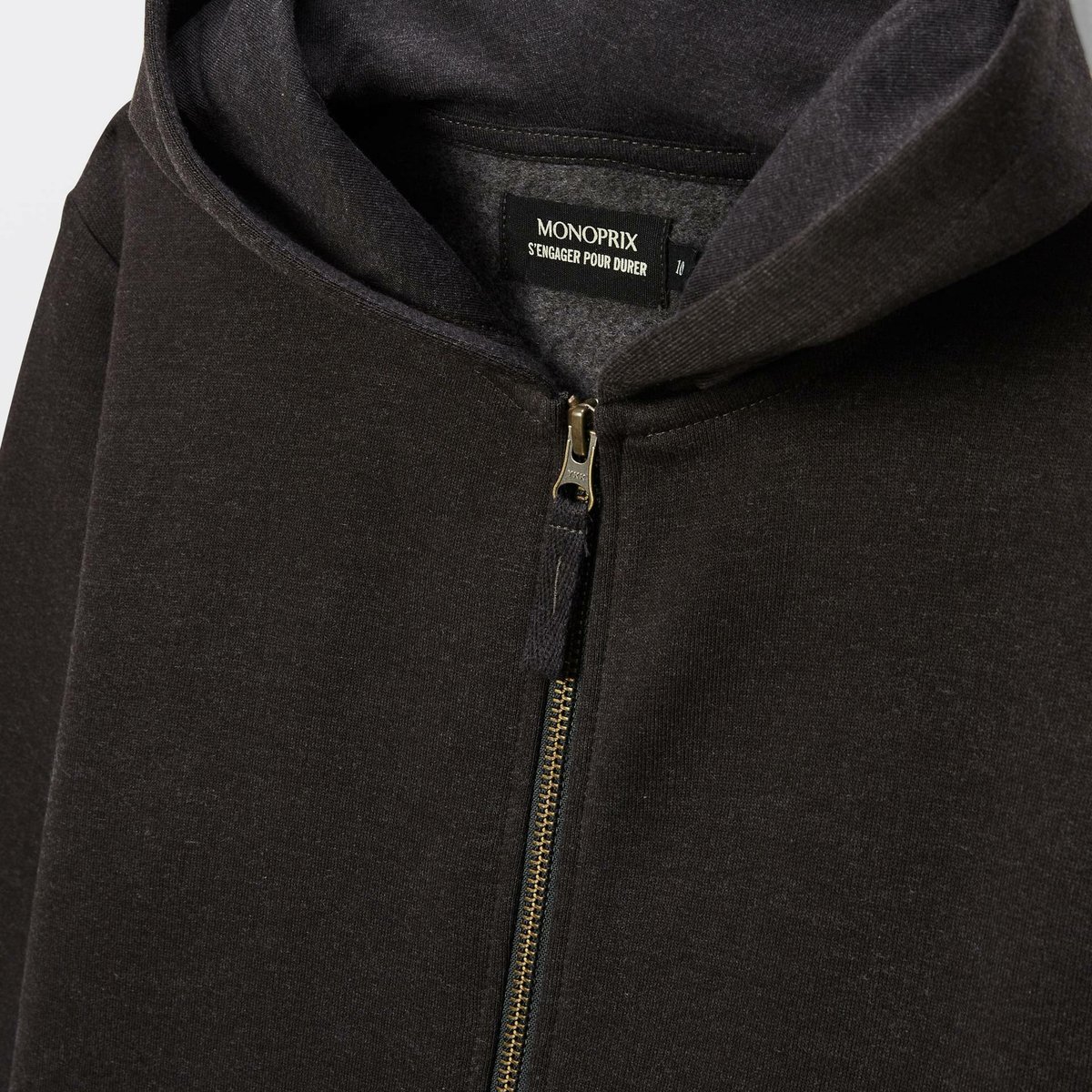 Sweat à capuche avec zip uni en coton BIO GOTS anthracite chine, MONOPRIX