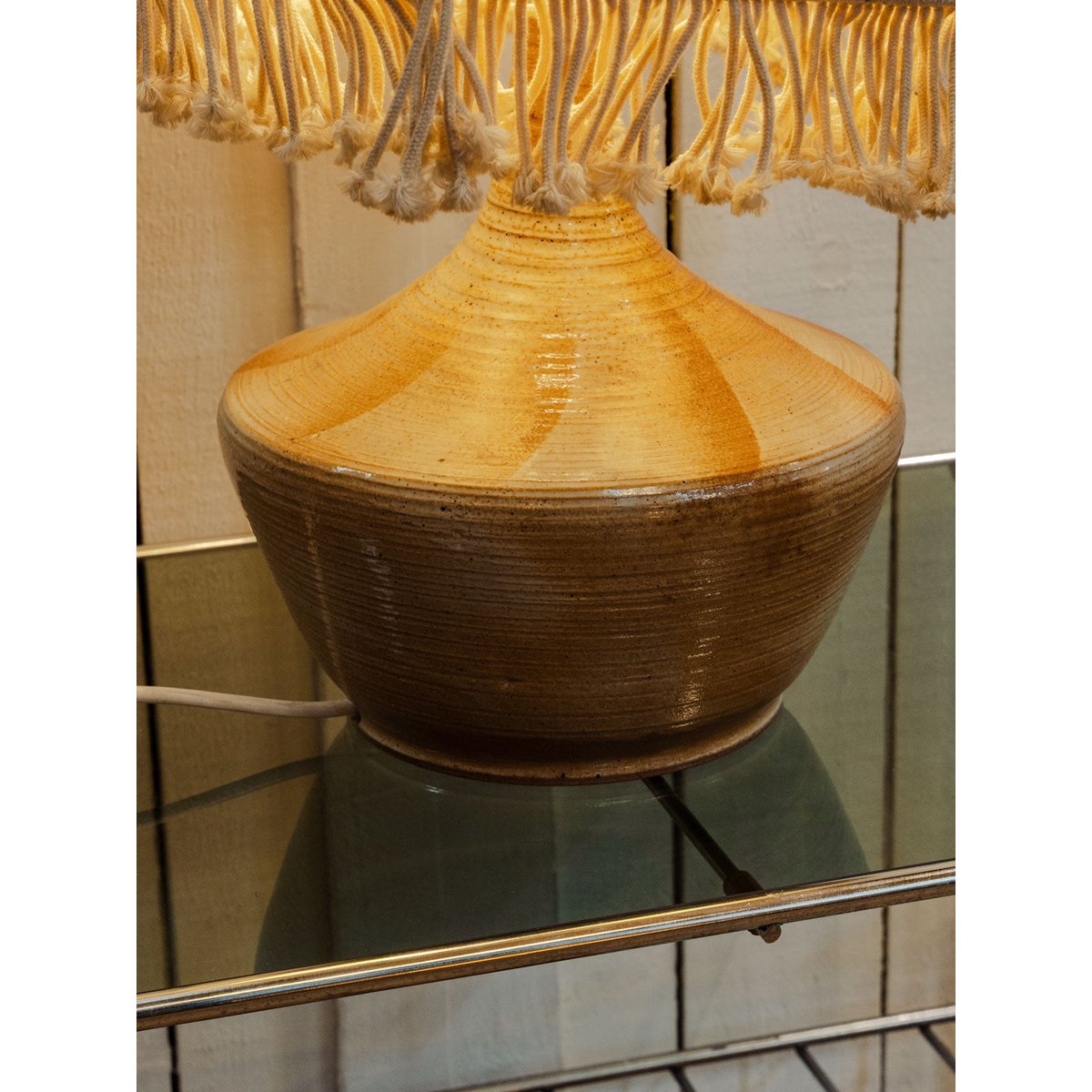Lampe à poser en céramique et macramé Julia N°1134 - Bon état beige, DEBONGOUT