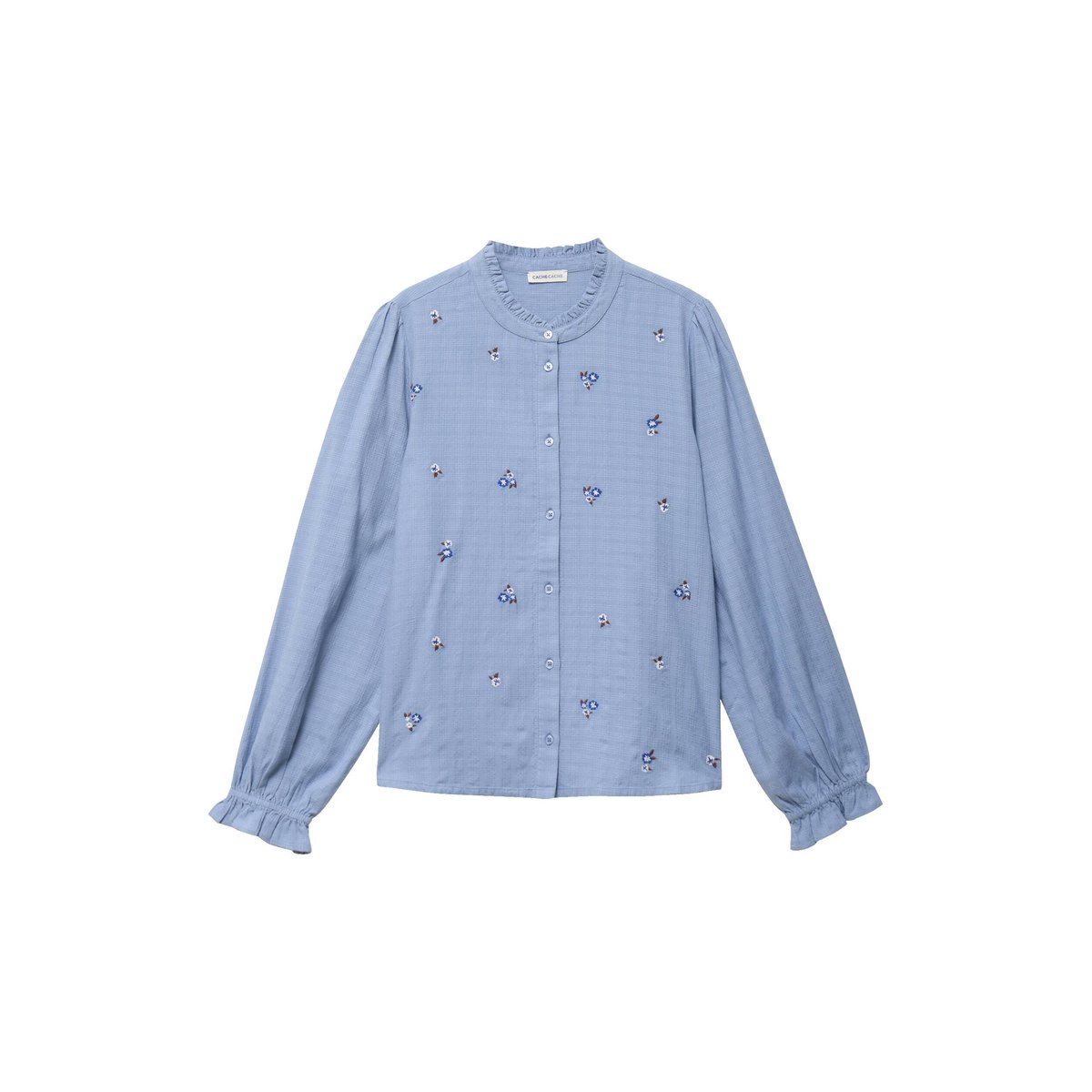 Blouse droite courte col v broderie bleu, CACHE CACHE