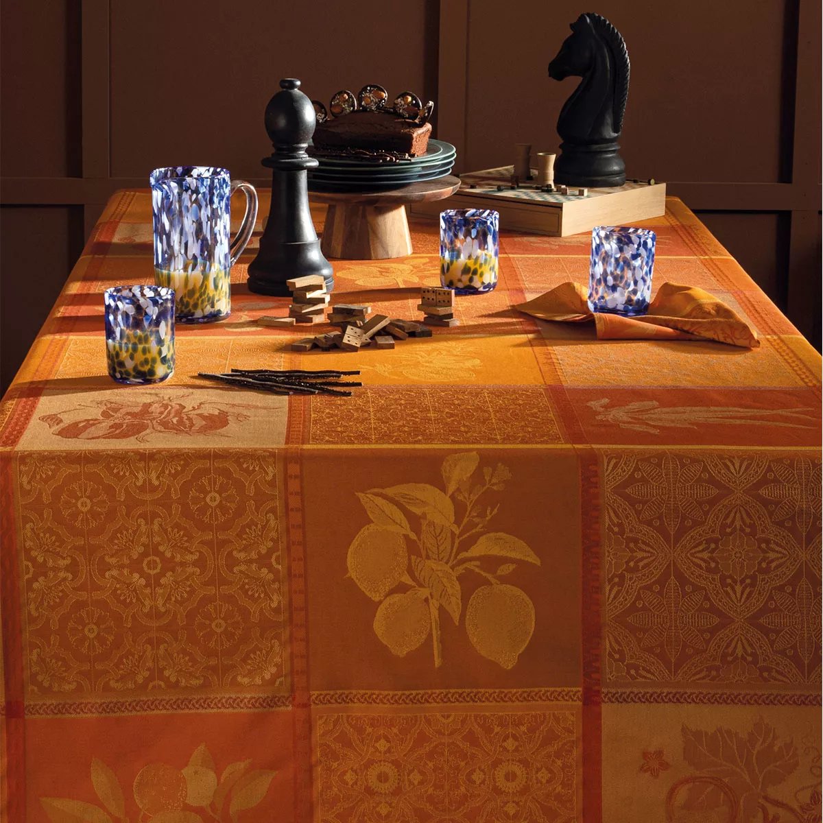 Nappe pur coton enduit MILLE TUTTI FRUTTI ocre, GARNIER THIEBAUT