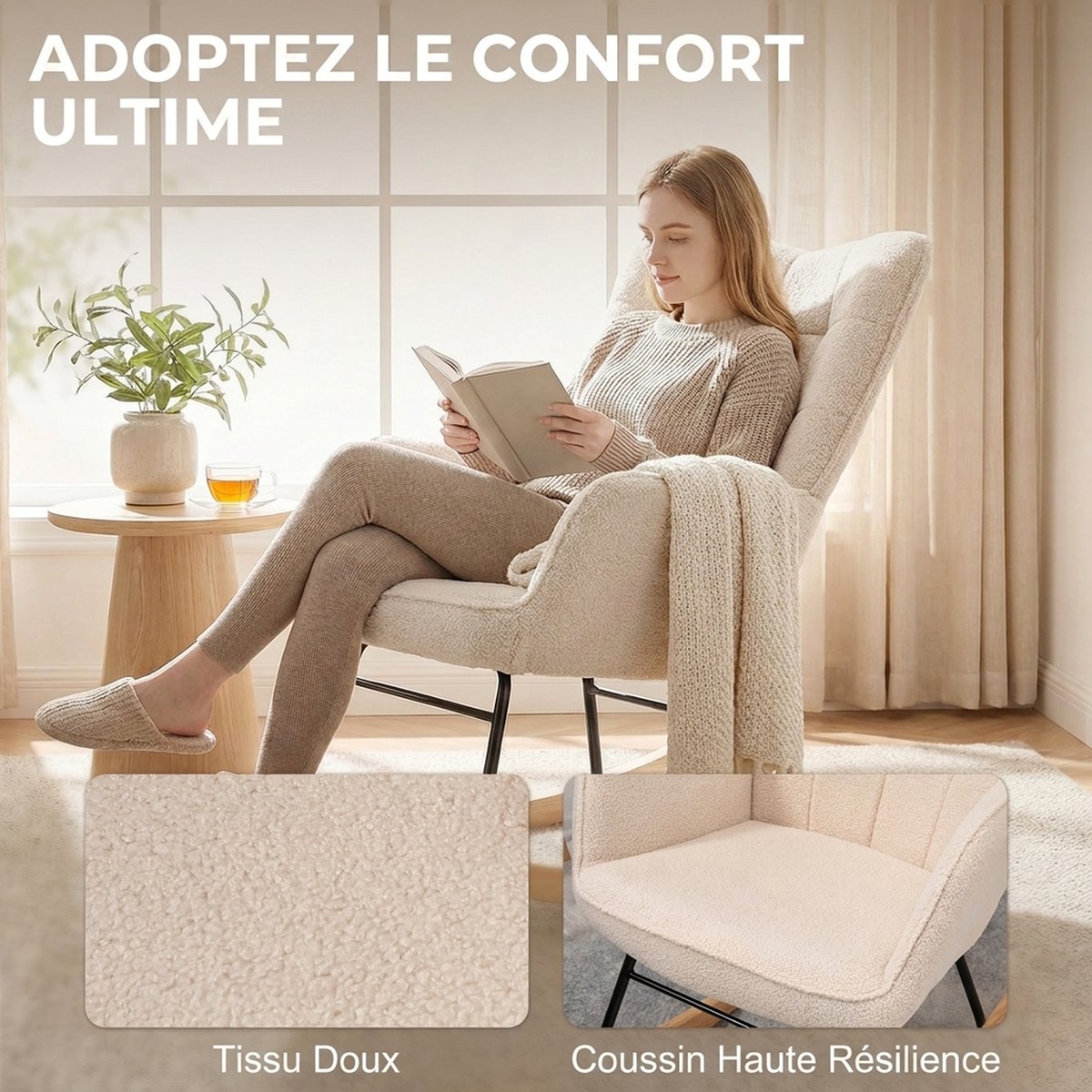 Fauteuil à bascule Revêtement bouclette Beige beige, HOMCOM