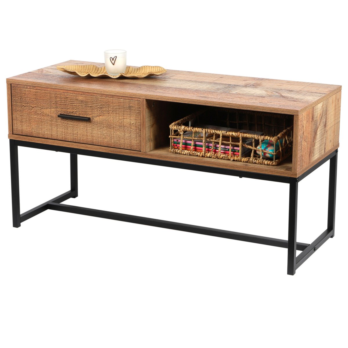 Table basse en bois et métal noir 1 tiroir - 100x40x50cm bois, URBAN LIVING