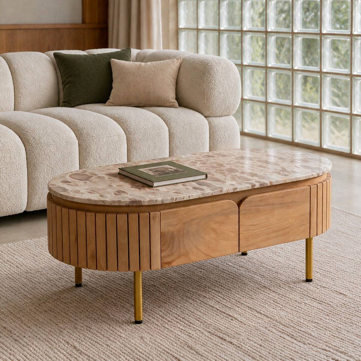 Table basse en marbre et bois de manguier CYRENE bois clair, MADE IN MEUBLES