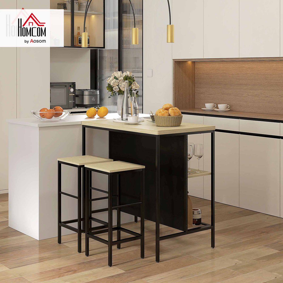 Ensemble de table de bar MDF Bois naturel bois naturel, noir, HOMCOM