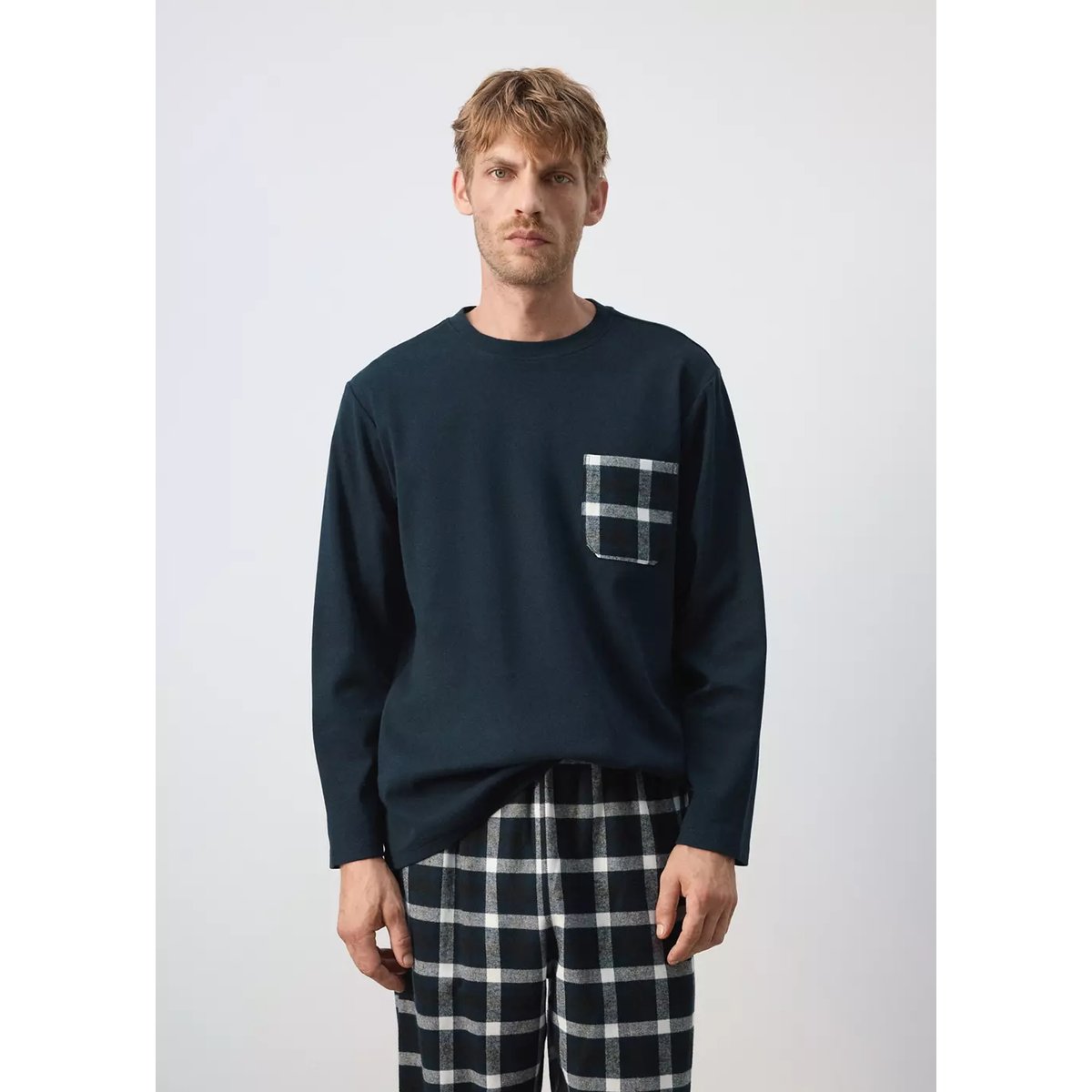 Pack pyjama coton carreaux bleu marine, MANGO MAN