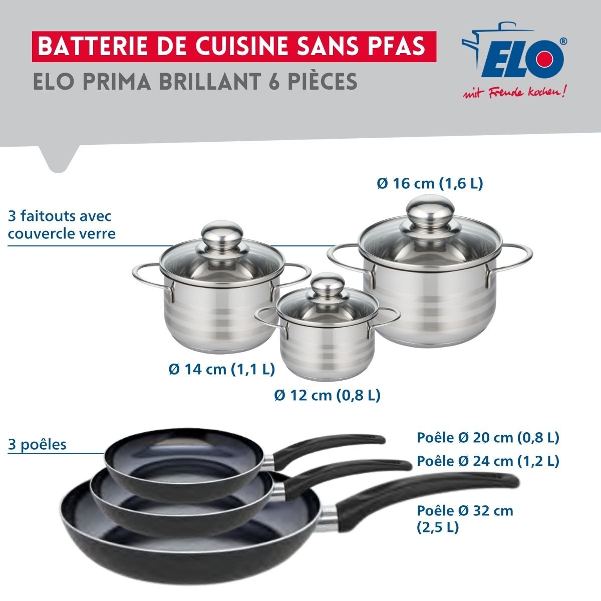 3 poêles 20/24/32cm + 3 faitouts 12/14/16cm PRIMA BRILLANT noir, ELO