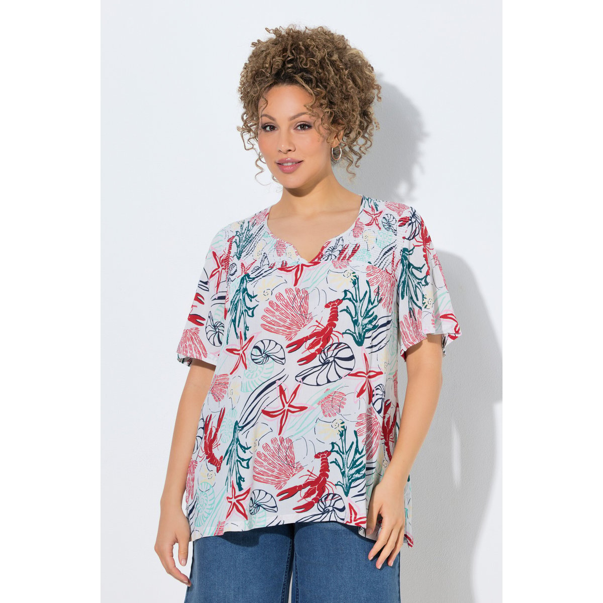 Chemise smockée, imprimé marin, col tunisien blanc neige, ULLA POPKEN