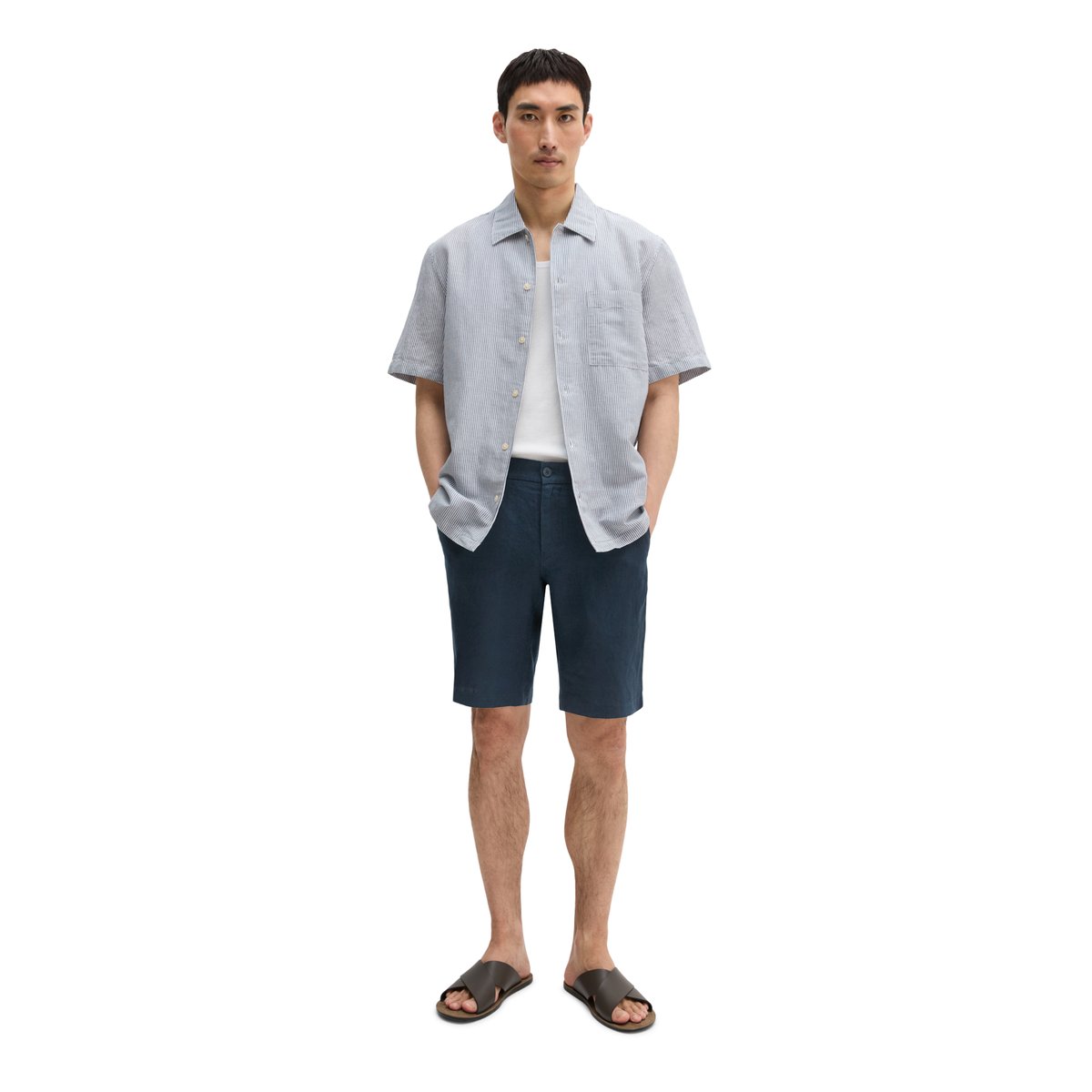 Chemise à manches courtes regular en mélange de lin et de coton bio bleu moyen, MARC O'POLO