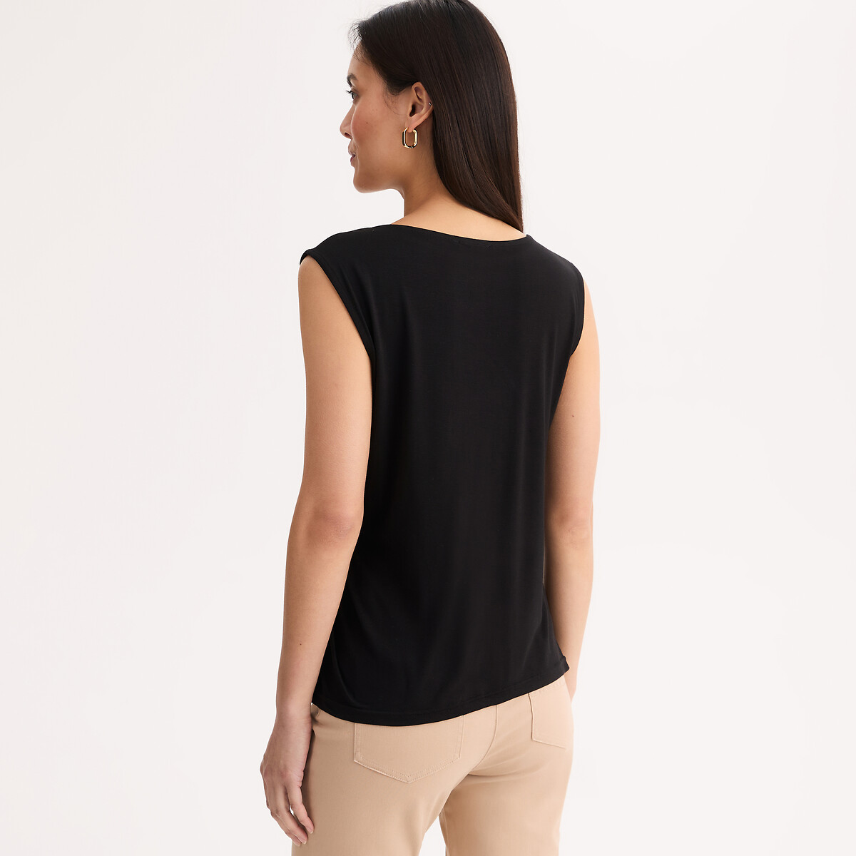 Sleeveless Draped Crew Neck T-Shirt black, ANNE WEYBURN