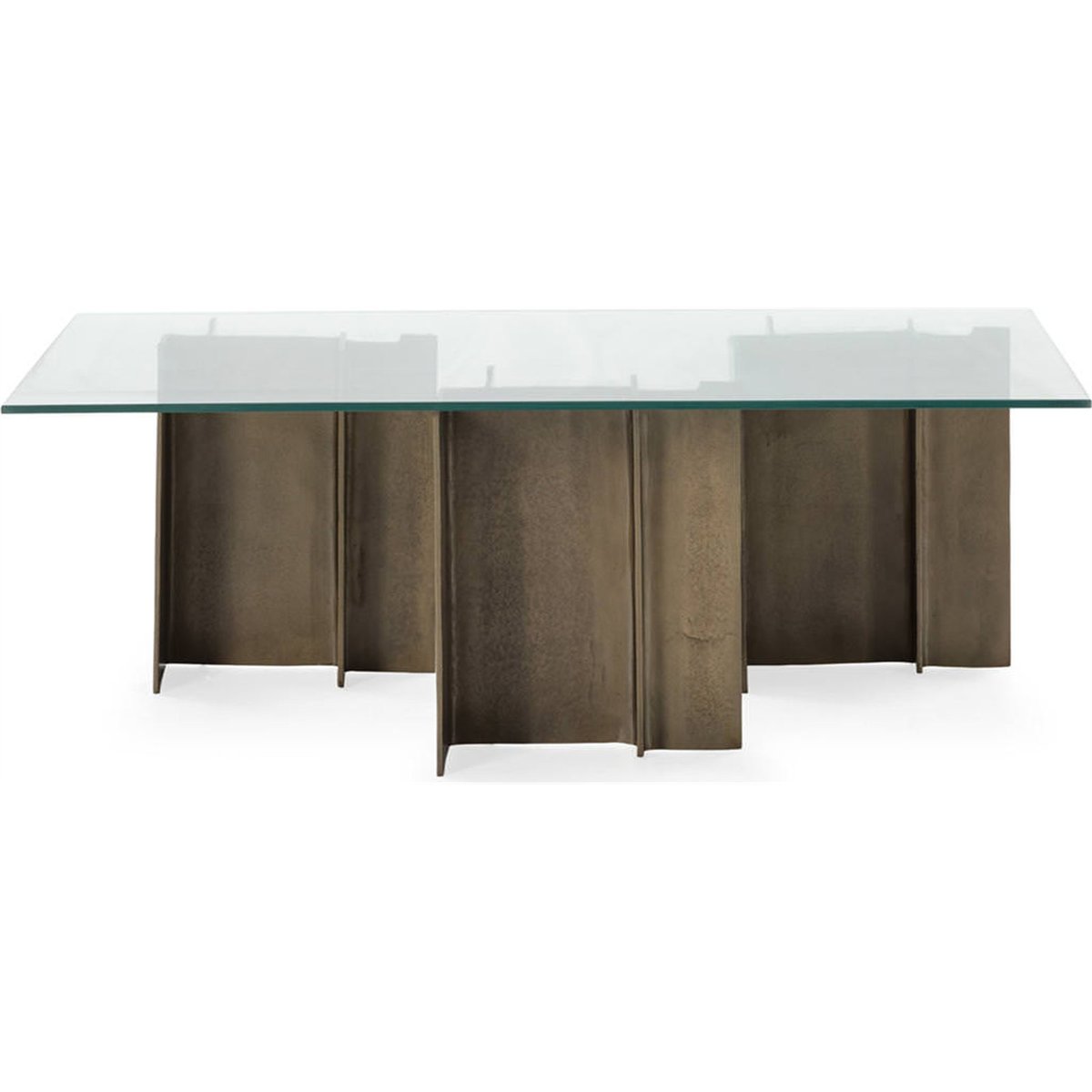 Table basse en verre et métal bronze vieilli et verre transparent, RECOLLECTION