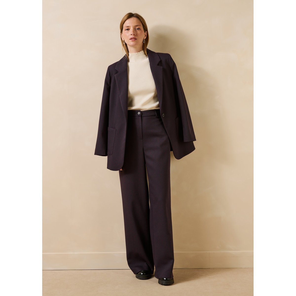 Pantalon droit en jacquard aubergine/encre, LA FEE MARABOUTEE