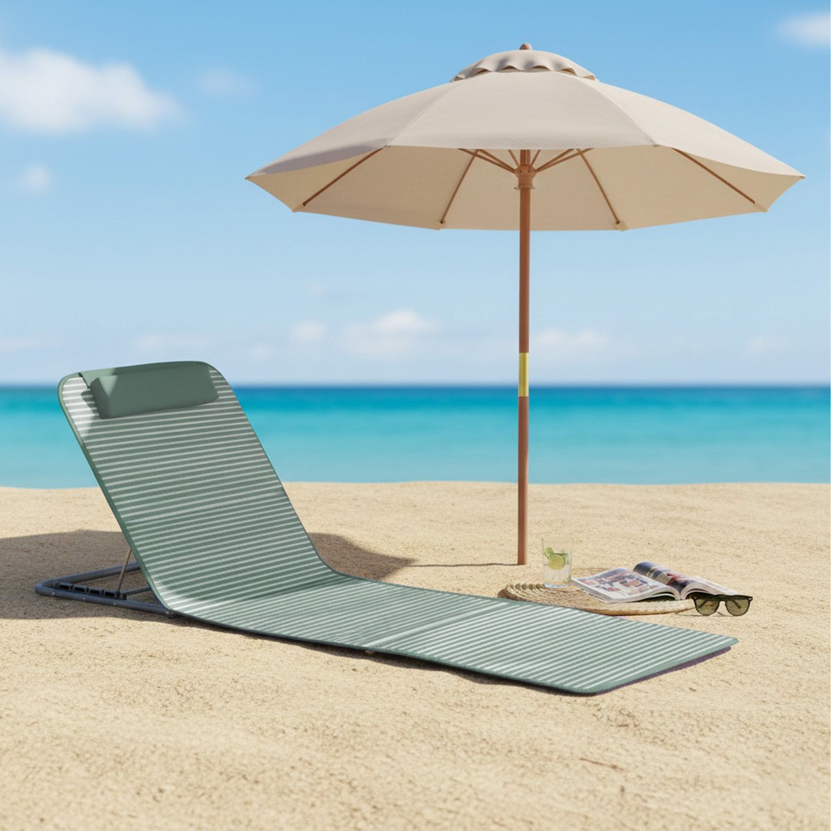 Matelas de plage pliant, inclinable 5 positions vert amande, OVIALA