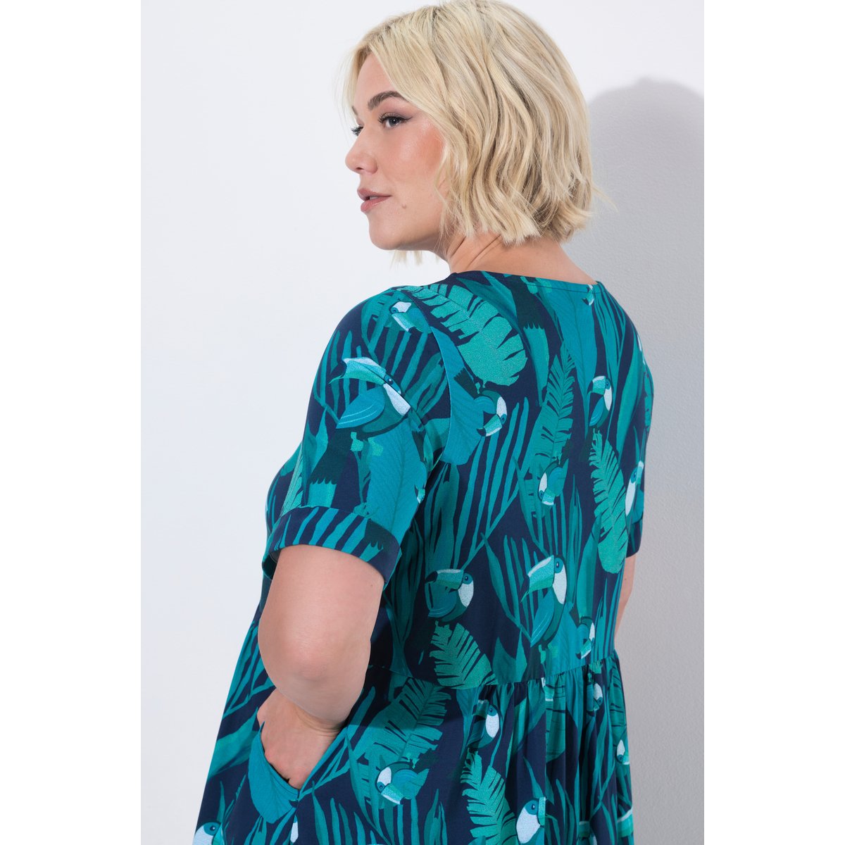 Robe midi en jersey, motif toucans bleu turquoise, ULLA POPKEN
