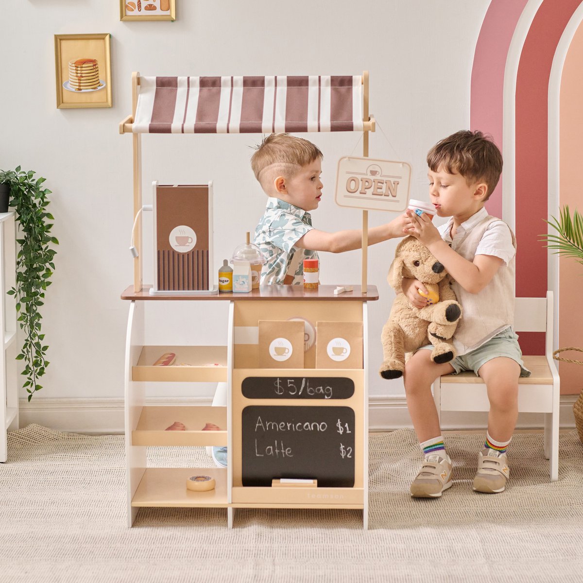 Stand café jouet bois, machine expresso, 29 accessoires, Marron marron, TEAMSON KIDS