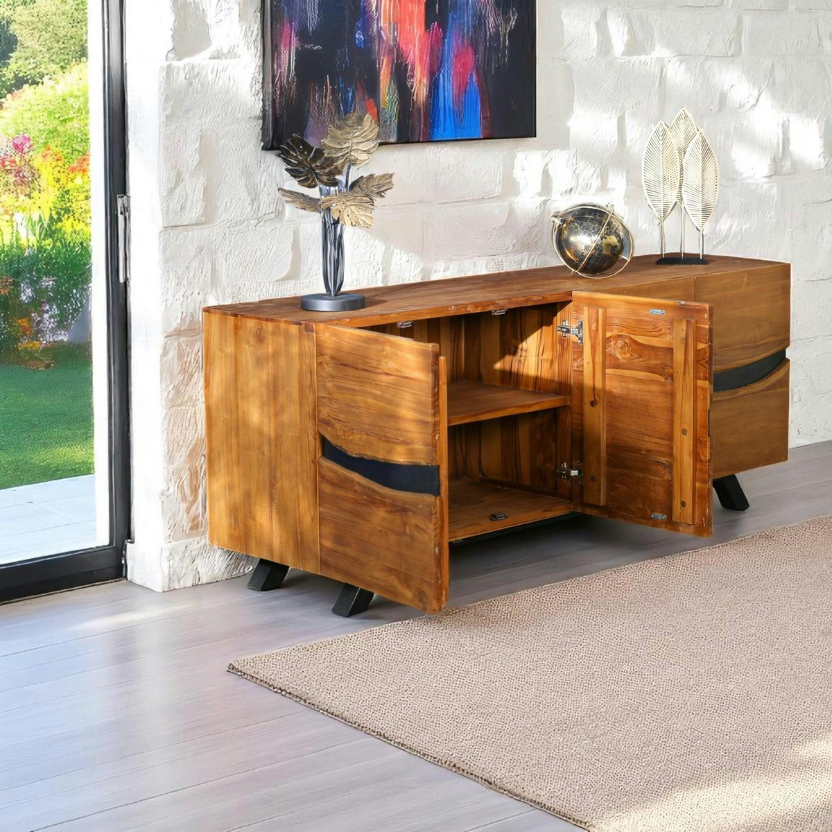 Buffet moderne bois recyclé teck laque noire 200 cm BARBADE bois naturel, PIER IMPORT