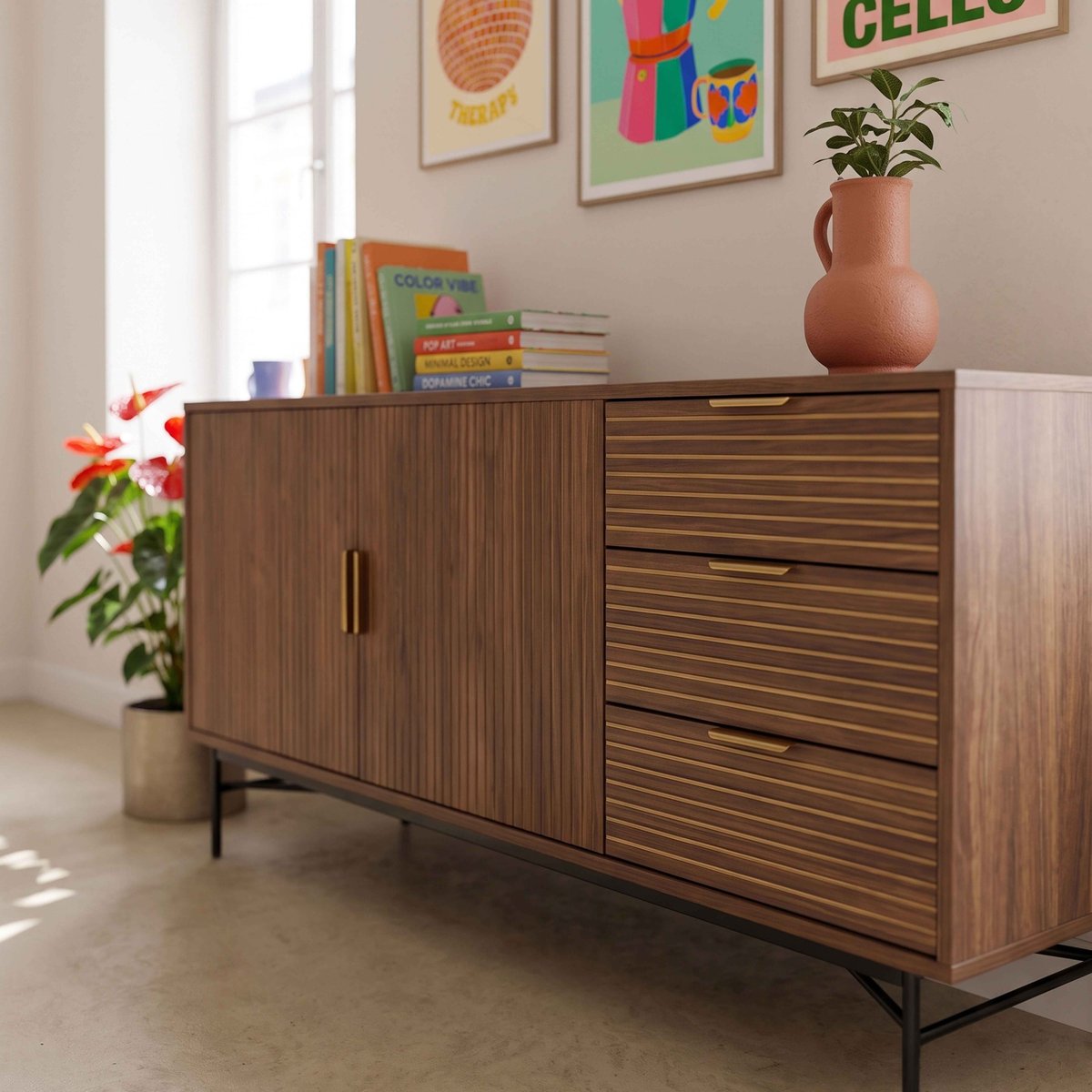 Buffet 2 portes et 3 tiroirs en mélaminé et acier 160 cm, GABIN marron, OVIALA
