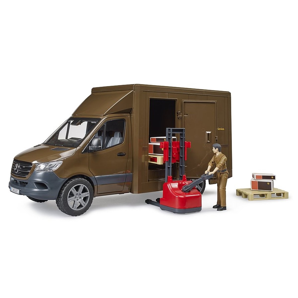 Camion UPS Mercedes Benz Sprinter avec conducteur et accessoires v019845, BRUDER