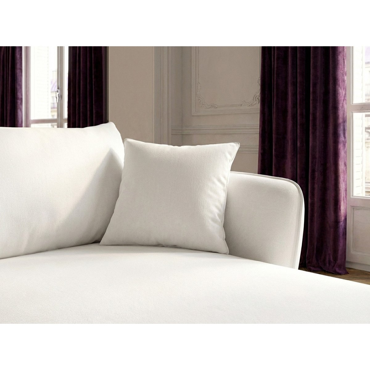 Canapé d'angle fixe 3 places en tissu texturé avec pouf, LUIGI blanc, BOBOCHIC
