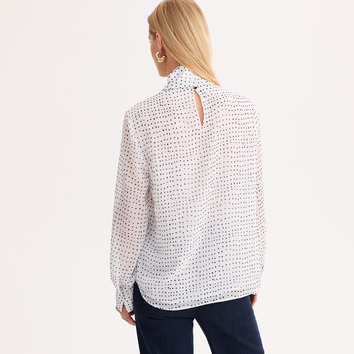 Blouse lavallière à pois manches longues imprimé pois fond blanc, ANNE WEYBURN