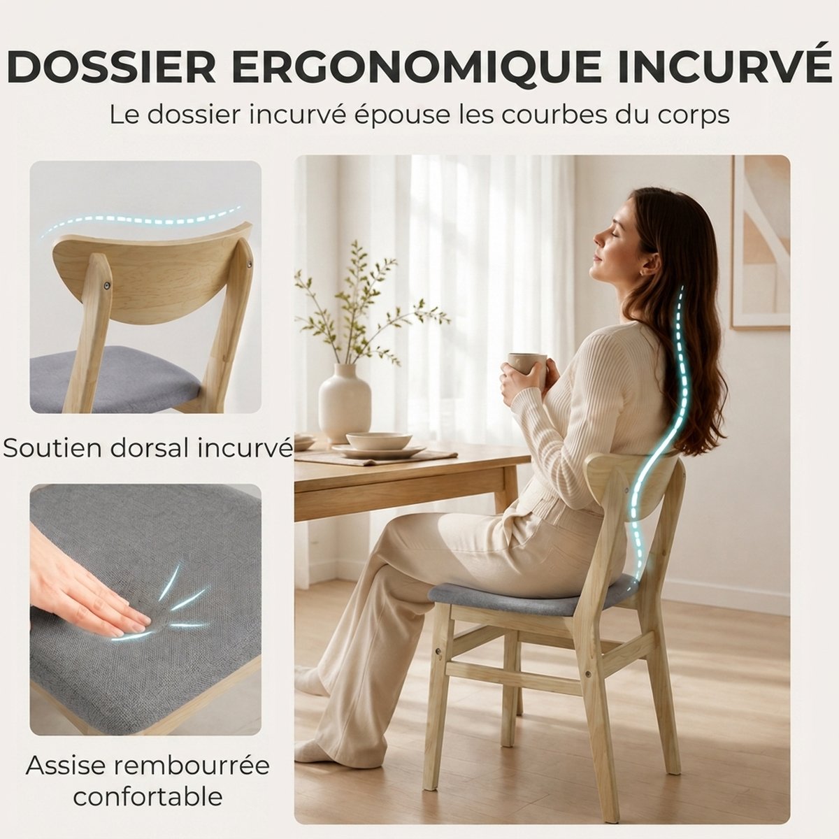 Chaise de salle à manger Tissu effet lin (100 gris et bois naturel, HOMCOM