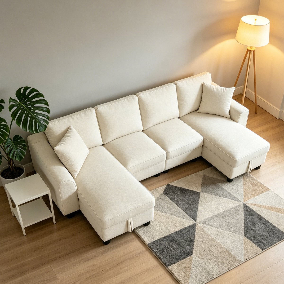 Canapé d'angle U coffre de rangement en chenille, VASEC beige, MEUBLES COSY
