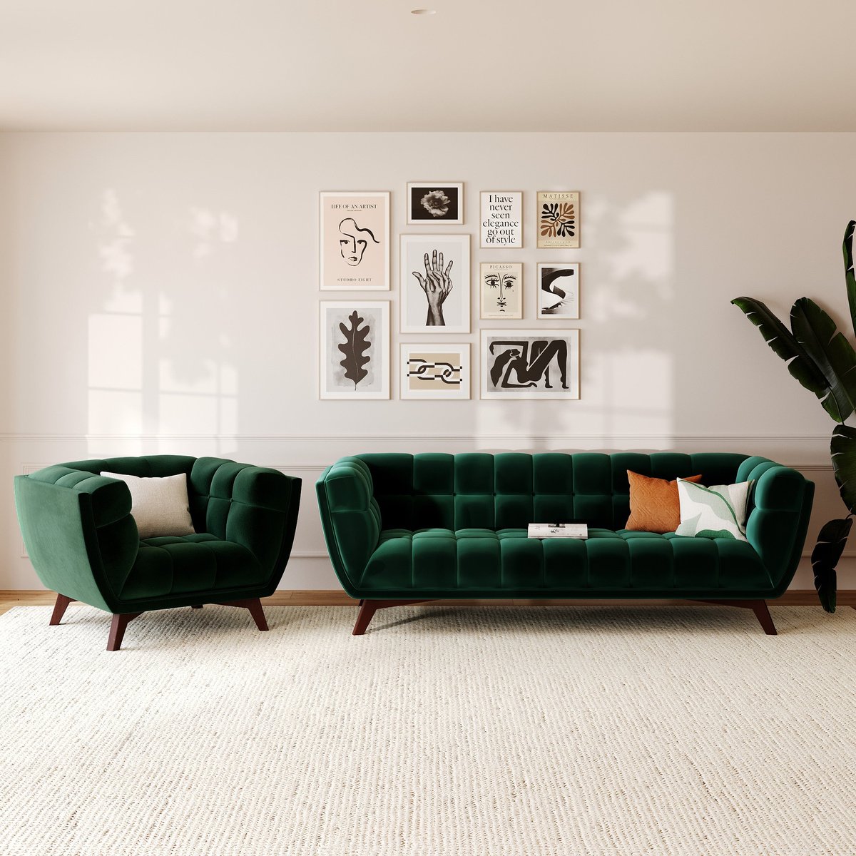 Ensemble canapé et fauteuil en velours 4 places - MONA vert sapin, MAISON PAVANE