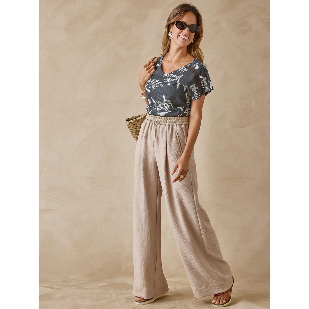 Pantalon effet froissé coupe large beige, DAXON