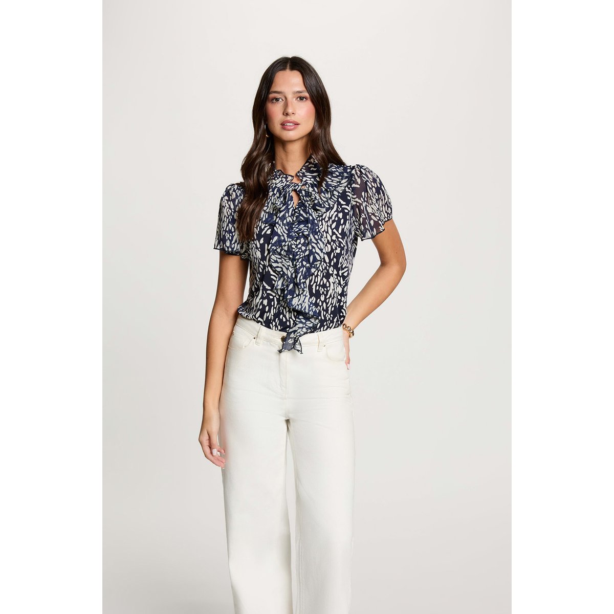 Chemise col v transparente bleu marine, MORGAN